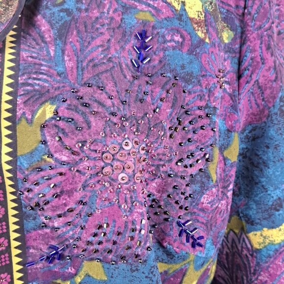 City Girl Nancy Bolen Sz Large Silk Jacket Beaded Sequins Turq Purple Green Vtg - Picture 3 of 16